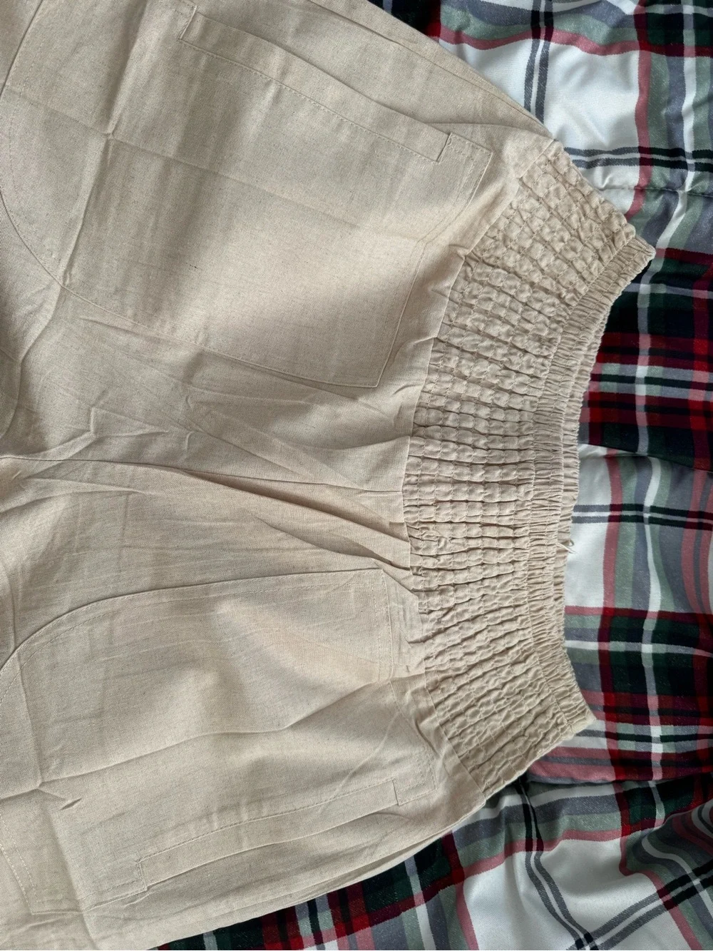 Barrel-Leg Smocked Elastic Waist Pants in Khaki